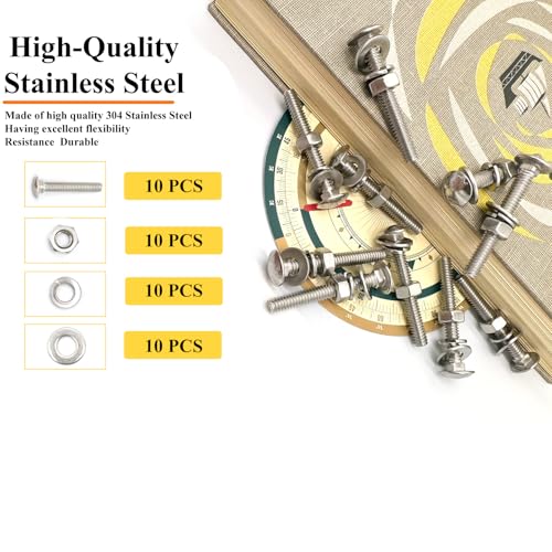 Image of 10 Sets 1 /4 inch-20 x2 Carriage Bolts Round Head Square Neck Screws with Hex Nuts Flat Washers Spring Lock Washers 304 Stainless Steel Full Thread Coverage Square Neck Bolts Assortment Kit