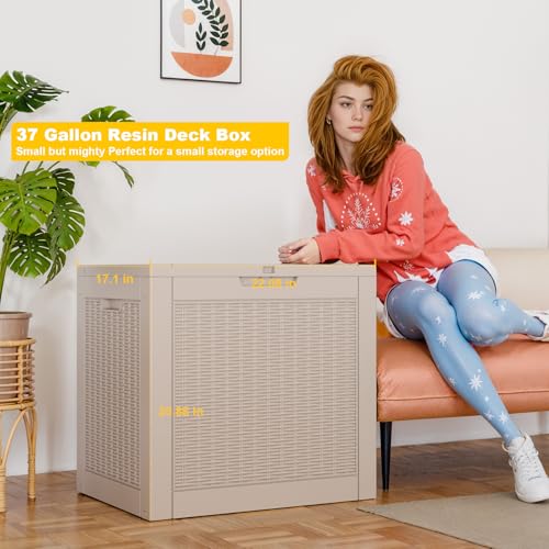 Image of 36 Gallon Outdoor Deck Box,Storage Lockable Waterproof Patio Furniture,Garden Tools,Cushions,Pool Accessories Outside Storage Resin Box(Grey Pattern)
