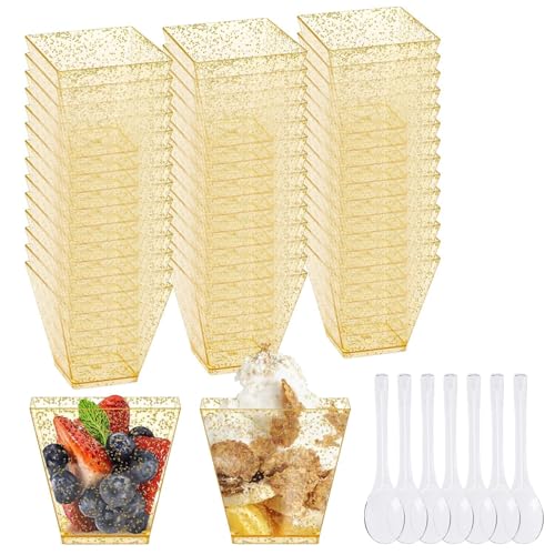 Finger Food, 50 Pezzi Ciotoline Monoporzione, 160 ml Monoporzione per Dolci, Brillantini Dorati Bicchierini Finger Food, Riutilizzabile Bicchierini Monoporzione Dolci Adatto per Succhi e Bevande Varie