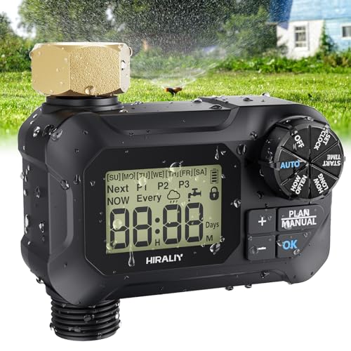 HIRALIY Water Timer for Garden Hose, Programmable Sprinkler Timer Outdoor, for Irrigation System Garden Watering, Rain Delay/Manual Mode, Brass Connector, IP65 Waterproof