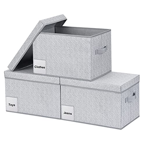 DIMJ 3 Pack Foldable Storage Boxes with Lids, Stackable Storage Bins with Label Holder Fabric Storage Basket with Handle, Wardrobe Organiser Box for Clothes, Home Storage