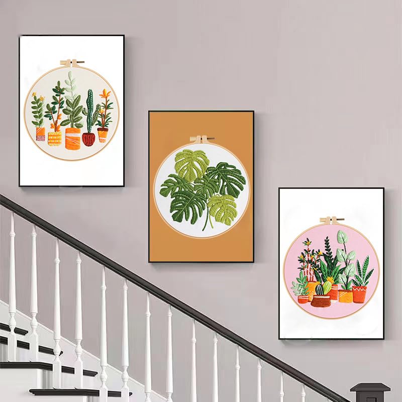 Image of Konrisa Embroidery Kits for Adults Beginner, European Style Garden Plant Green Leaf Stamped Embroidery Starter Kit,DIY Sewing Practice, Needlepoint Cross Stitch Kit,Set of 3