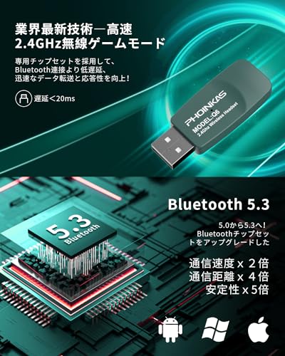ゲーミングヘッドセット 有線/無線両用 低遅延 USB2.4GHz /Bluetooth 5.3/有線3WAY接続 ゲーミングヘッドホン 着脱式ノイズキャンセルマイク 45時間連続再生 重低音強化ヘッドセット pc ps5 ps4 スマホxboxone switch 対応ワイヤレスヘッドフォン 緑