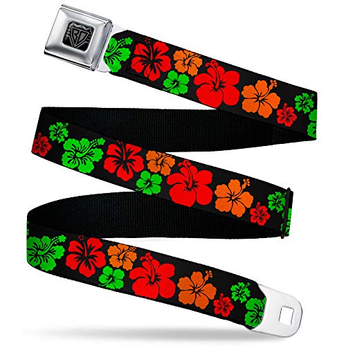 Buckle-Down Men's Seatbelt Belt Kids, Hibiscus Flowers Black/Green/red/Orange, 1.0" Wide-20-36 Inches