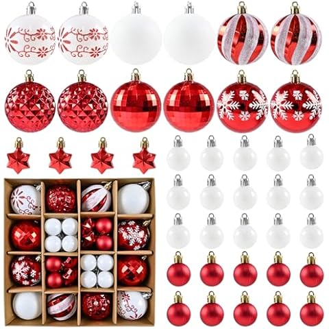 Christmas Balls Ornaments, 44 Packs Red White Xmas Tree Decoration, Shatterproof Christmas Tree Decorations, Glittering Hanging Ball for Winter Holiday New Year Party Decoration Assorted Sizes Cover