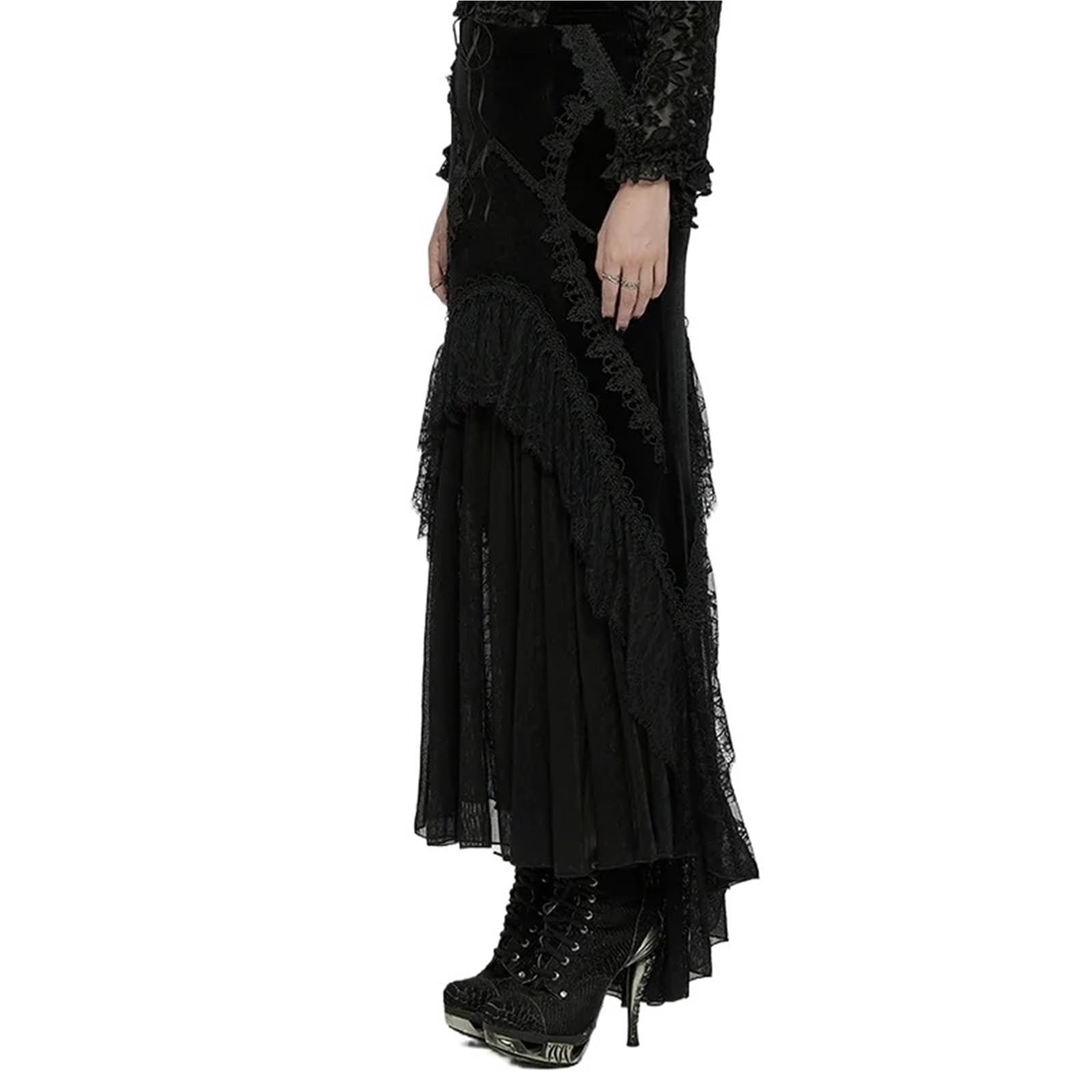 Falda Gótica Falda de Cola de pez Elegante de Gasa Plisada de Terciopelo gótico for Mujer, Faldas largas oscuras de Encaje for Mujer