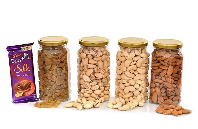 Image of NUTRI MIRACLE Rakhi Dry Fruit & Nut Gifts With Golden Floral Bhai Bhabhi Pair,Cashews,Almonds,Raisins,Pistachios And Silk,450gm