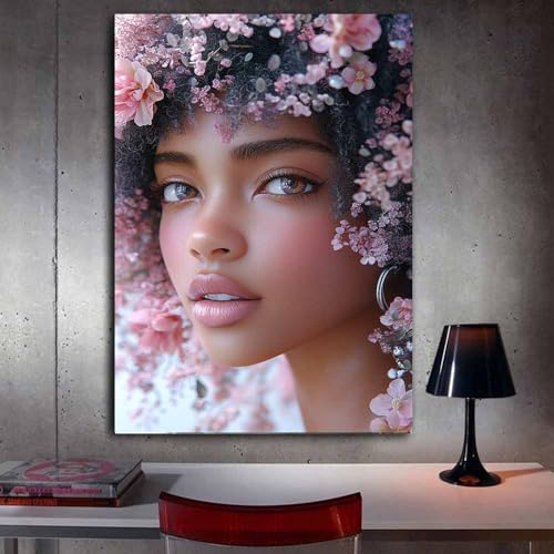 QUSAAOU Impressions Couronne fleurie rose cheveux bouclés plan rapproché Deco Tableau Murale Decoration Salon Peinture Tableaux Chambre Toiles Maison Femme Fleurs Nature Vintage(Rose)20x30cmSans cadre