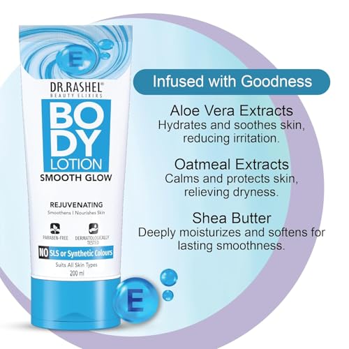 Image of Dr. Rashel Smooth Glow Body Lotion | With Aloe Vera, Oatmeal & Shea Butter | Deep Hydration & Rejuvenation | Paraben-Free, No SLS | For Soft, Glowing & Nourished Skin |Pack of 3 (200 ml Each)