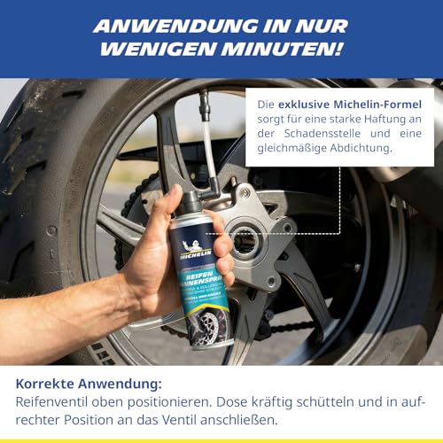 MICHELIN Reifenpannenspray 200 ml – Soforthilfe bei Reifenpannen für Motorrad & Roller – Reifen abdichten & befüllen ohne Werkzeug – kompakt & schnell einsatzbereit