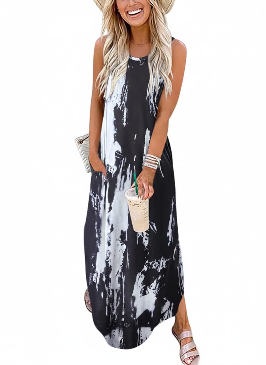 Cuptacc Sommerkleid Damen Lang Ärmellos Blumenmuster Strandkleid Maxikleid mit Taschen Elegante