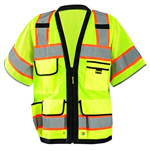 Occunomix Lux-Hds2T3-Y3X Heavy Duty Solid/Mesh Two-Tone Surveyor Vest With Zipper, 8 Pockets, Class 3, 100% Ansi Polyester, 3X-Large, Yellow (High Visibility) #TOP7