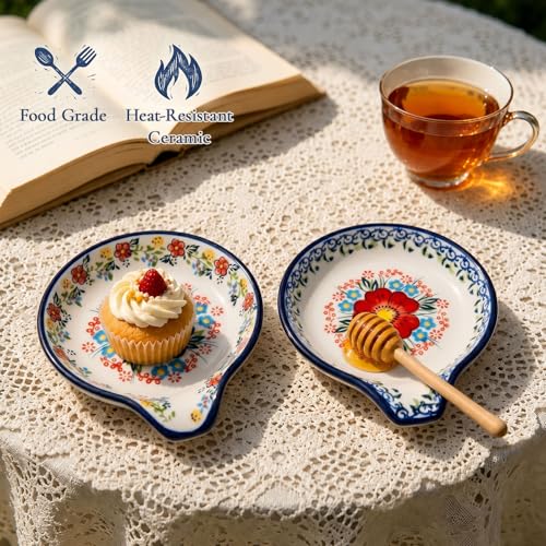 Image of Spoon Rest for Stove Top, 5 inch Hand-Painted Bule Flower Spoon Holder | Stable ceramic won't tip; glaze rinses clean, dishwasher safe. Holds spoons & spatulas, floral farm style, keeps stove tidy.