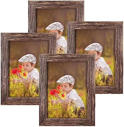 Q.Hou 5x7 Picture Frame Wood Pattern Rustic Brown Photo Frames Packs 4 with High Definition Glass for Tabletop or Wall Decor (QH-PF5X7-BR)