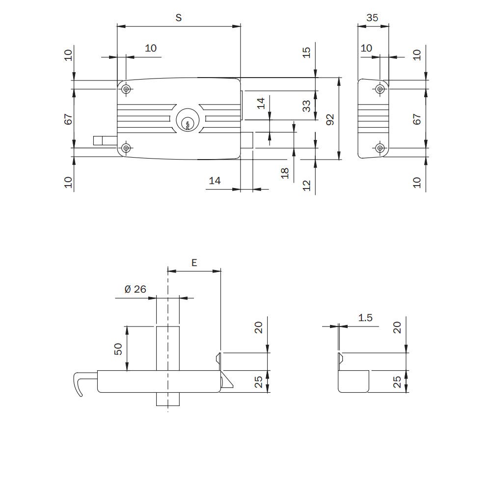 Cerradura Fer de sobreponer Art. 432 Cerradura para madera, Cilindro Interior fijo, scrocco SEPARATO con tirante interno y reclamo con llave exterior. dotata de boquilla, abrazadera y tres llaves.
