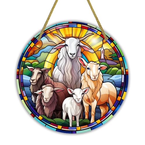 Image of Printality Stained Glass Style Christian Wall Hanging | Round MDF Plaque with Glossy Finish & Golden Zardosi String | Religious Wall Art | Jesus, Mary & Angels Design | Faith Home Decor (Design 1)