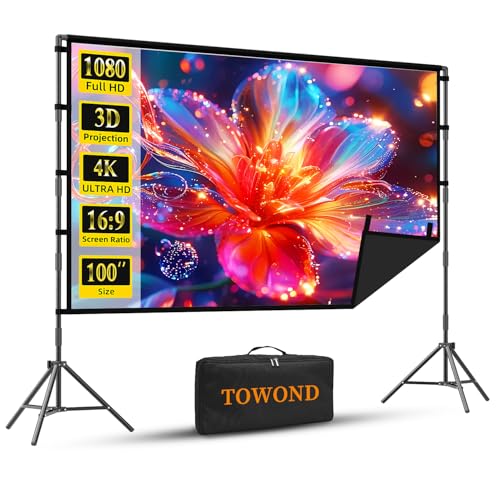 Projector Screen with Stand, TOWOND 100 inch Portable Projector Screen Black Backing, Outdoor Movie Screen 16:9 4K HD Wrinkle-Free Projection Screen with Carry Bag for Backyard Sports Viewing Parties by TOWOND - Used condition - US$47.99
