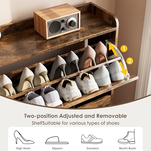 Nicetree Shoe Cabinet Organizer with 2 Flip Drawers, Freestanding Narrow Rack with Metal Legs, Farmhouse Slim Shoe Storage for Entryway, Foyer, Hallway, Rustic Brown by Nicetree - Image 7