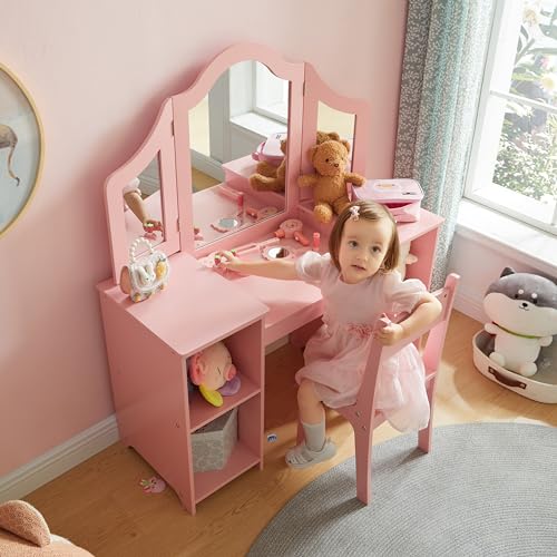 Image of MOUDS Kids Vanity Set 2 in 1, Sturdy & Durable Princess Makeup Table, Easy Assembly Toddler Vanity with Open Storage, Detachable Tri-fold Mirror Vanity for Little Girls Age 3-9 (Pink with Chair)