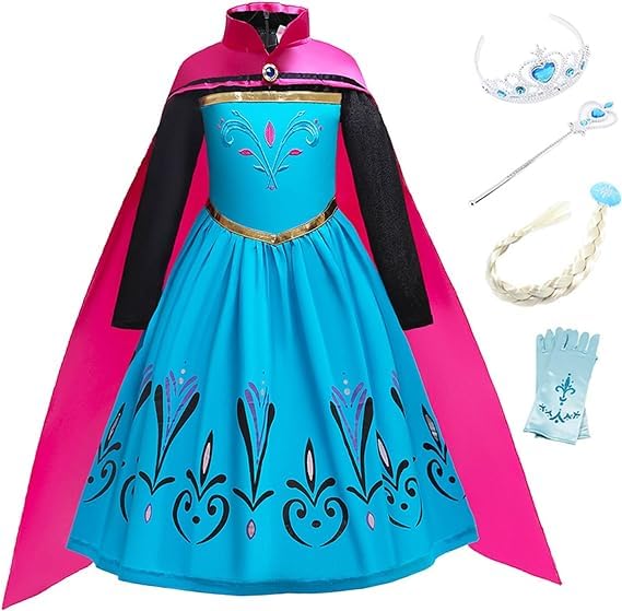 FStory&Winyee Niña Disfraces de Princesa Congelado Anna Vestido Conjunto Sombreros Accesorios para Partidos Capa Congelado Fiesta de Disfraces de Navidad Carnaval Vestidos Festivos,Azul,120
