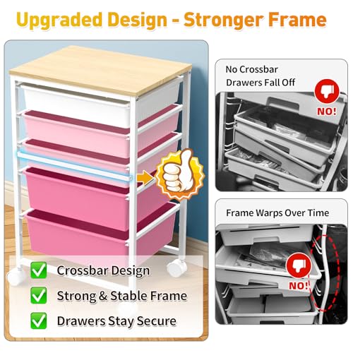 Image of SUNALLY Rolling Carts with 5 Drawers, Storage Drawer Carts for Craft, Pink