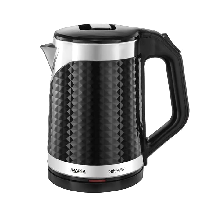 INALSA Double Wall Kettle Prism BK, showing the full kettle with a black diamond-cut design exterior and a wide mouth.