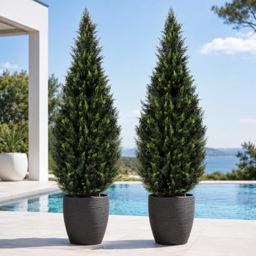 Image of Artificial Cedar Topiary Trees, 6 FT UV Resistant Faux Boxwood Plants,Front Porch Decorations Outdoor,Realistic Evergreen Cypress for Patio Decor Set of 2