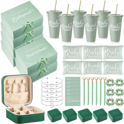 48 Pcs Bridesmaid Proposal Gifts Set, Maid of Honor Gifts Set from Bride, Will You Be My Bridesmaid Gift Box, 24 oz Tumbler Bridal Bachelorette Party Presents for Bridesmaids Wedding(Green)