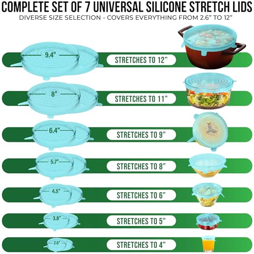 Image of Reusable Silicone Stretch Lids for Food Storage in Fridge - Elastic Heat-Resistant Bowl Covers, Cups, Cans, Jars - Universal Food Grade Lid for Containers - 7 Pack - Light Green Stretchy Lid Set