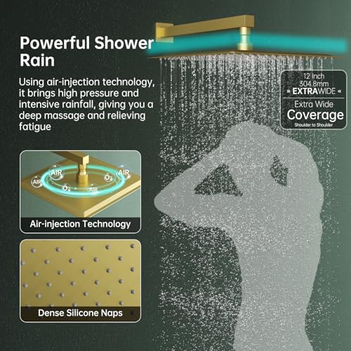 Hoimpro Shower System Set with 12 Inch Bathroom Rain Mixer Shower Head and Handheld Wall Mounted, Rainfall Shower Faucet Fixture Combo with High Pressure 2 in 1 Handheld Showerhead, Brushed Gold by Hoimpro - Image 4