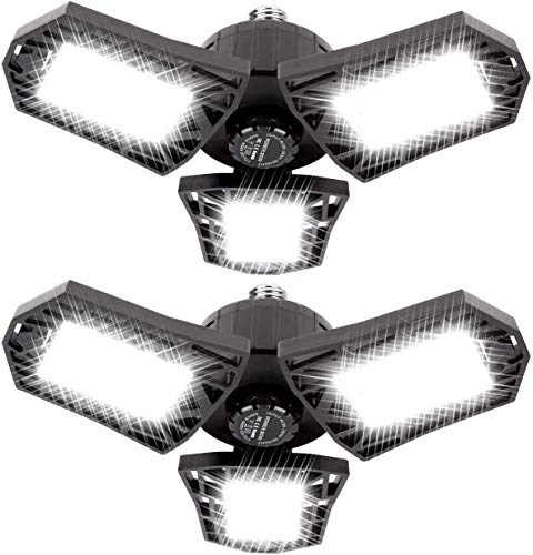 変形可能LEDガレージライト - 6000ルーメン 6500K デイライト 60W 3つ葉のガレージ整理 天井照明 2個パックの商品画像（Amazon）