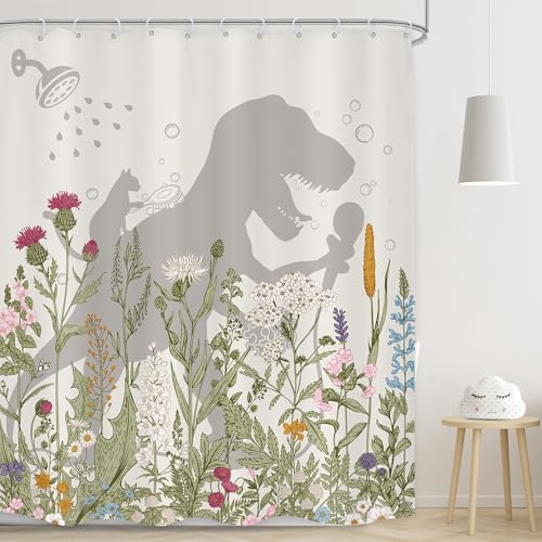 Image of Dinosaur Wildflower Kids Shower Curtain Bathroom Set 60Wx71H Inches Funny Dino Cute Cat Silhouette Floral Rustic Plant Leaves Botanical Bath Accessories Boy Art Home Decor Fabric 12 Pack Hooks