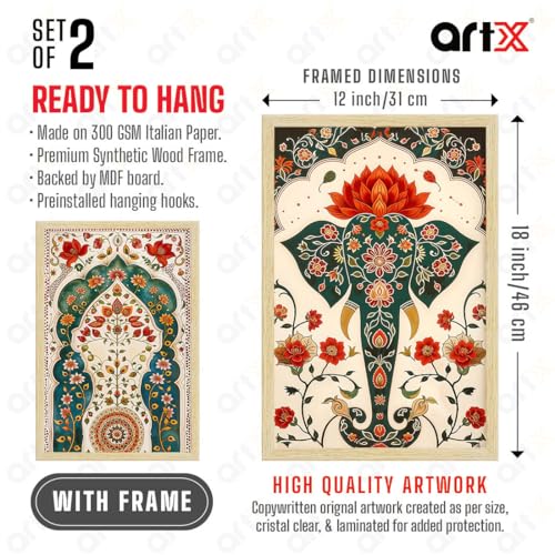 Image of ArtX Paper Madhubani Paintings with Frame for Home Decor Wall Art, Wall Painting for Living Room, Multicolor, Natural Wood Color Frames, 12.0x18.0 inch, Set of 3