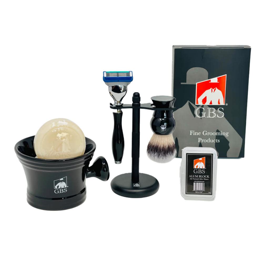 G.B.S Wet Shaving Kit, Black Razor Blade, Black Handle Synthetic Bristle Brush and Mug, Alum Block and Soap