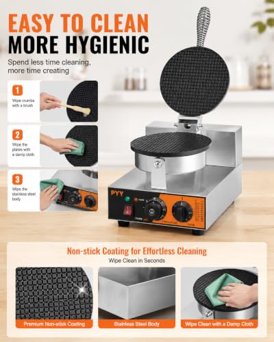 Image of PYY Commercial Waffle Cone Maker Machine, 1200W Ice Cream Cone Maker with Nonstick Plates, Adjustable Temperature & Timer, Stainless Steel Electric Waffle Cone Baker for Ice Cream Shops, Cafes & Home