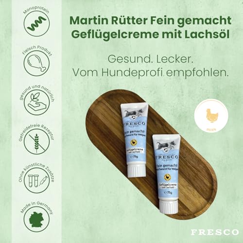 FRESCO Dog Fein Gemacht! Geflügel Leberwurst Hunde Tube | Für Welpen & mit Lachsöl | Gesundes Hundetraining | Premium Hundeleckerli getreidefrei | 9 x 75g | Aus Deutschland
