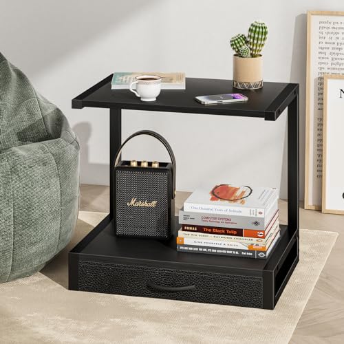 YAOHUOO 2-Tier Desktop Printer Stand with Fabric Drawer, Prtiner Table with Storage Shelf, Desk Organizer for Home Office,3D Printer,Fax Machine,Scanner(Black)