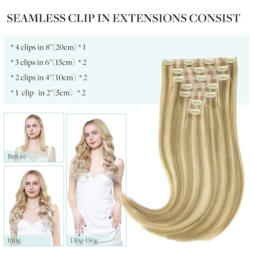 Image of DOORES Hair Extensions Seamless Clip in Real Human Hair, Light Blonde Highlighted Golden Blonde 24 Inch 120g 7pcs, Human Hair Extensions Skin Weft Remy Straight Hair Invisi Edge Hair Extensions