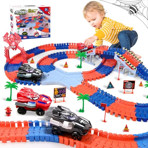 KaeKid Spider Race Track Car for Boys 3-8: 212 PCS Spider Race Track Flexible Track Playset Toys for 3 4 5 6 Year Old for Kids Toddler Boys
