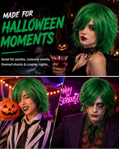 Image of Rose bud Anime Halloween Forest Green Wig for Cosplay Party Synthetic Layered Short Hair Wigs with Bangs Pastel Funny Wigs for Women Men