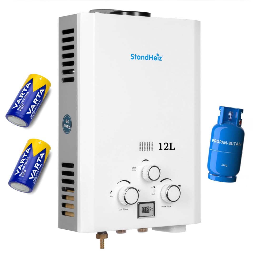 Durchlauferhitzer 12L 24 kW – LPG/Propan Warmwasserbereiter mit LCD Display, Sofort-Heißwasser für Außendusche, Garten, Haus, Camping, Wohnmobil & Wohnwagen, stufenlose Temperaturregelung