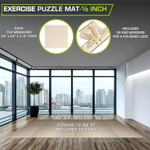 Image of ProsourceFit Exercise Puzzle Mat 1 /2-inch, EVA Interlocking Foam Floor Tiles for Home Gym, Workout Equipment, Kids Play Areas, Beige, 72 Sq Ft - 18 Tiles