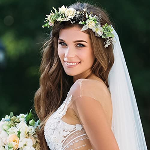 Foto von Blumenkranz Blume Krone Stirnband, Haar Garland Leaf Ribbon, Einkirsche 2 Pcs Rose Braut Haarschmuck, Haarbänder Floral Girlande, Blumenstirnband Verstellbarer Gürtel für Festival Hochzeit Strand