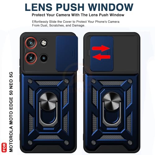Image of Armor Bumper Back Cover Case for Motorola Moto Edge 50 Neo 5G | Rotating Camera Cover, Ring Holder & Kickstand | Heavy Duty & 360 Degree Protection Back Cover (Blue)