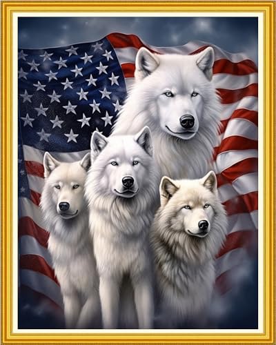 Image of Magxvouy Cross Stitch Kits Stamped Full Range of Embroidery Kits,Cross Stitch Patterns Needlework Kits for Beginners 11CT Printed Kits&Wolf Flag 16x20 inch