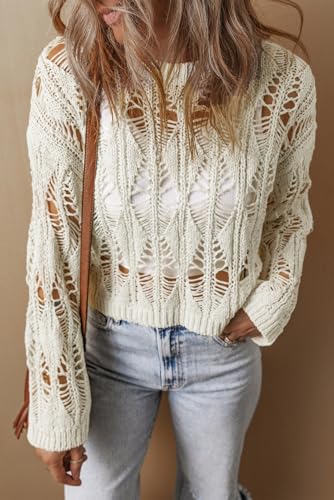 Casual and Comfortable Long Sleeve Sweater - White Cut Out Crochet Pattern4