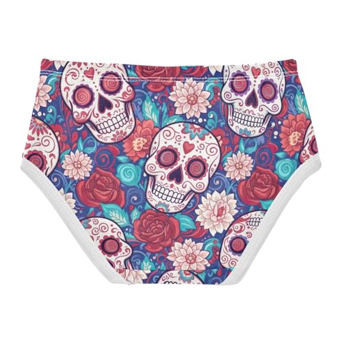 Colorful Skulls Floral Red Cotton Toddler Underwear, Girls' Cotton Brief Underwear, 2T–8 Years2