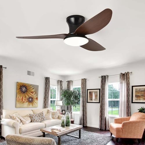 YFHKWJ 100CM Moderno Ventilador de Techo con Luz Silencioso Motor DC 30W LED Regulable, 6 Velocidades Temporizador, 3 Aspas para Dormitorio Comedor Infantil Lampara Techo Ventilador (Black Wood Grain)