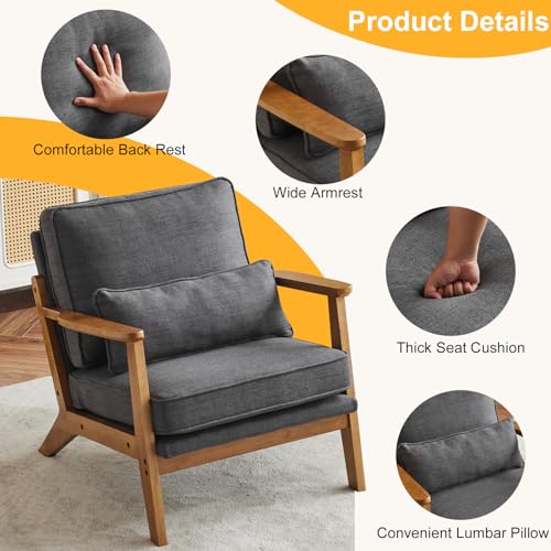 Image of Karl home Mid-Century Lounge Accent Chair, Gray | Wide Curved Armrest, Linen Fabric, Lumbar Pillow Included, Solid Wood Frame, For Living Room, Bedroom, Balcony, Apartment