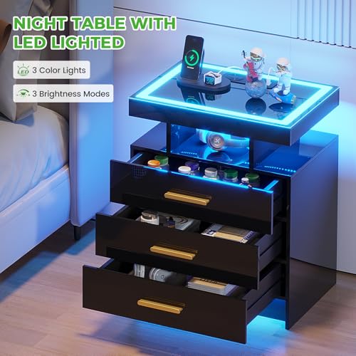 Image of HNEBC LED Nightstand with Charging Station,Smart Bedside Table with Motion Sensor Lights,3 Drawers,Tempered Glass Top,High Gloss End Table with 3 Color Lights for Bedroom, Living Room,Office-Black